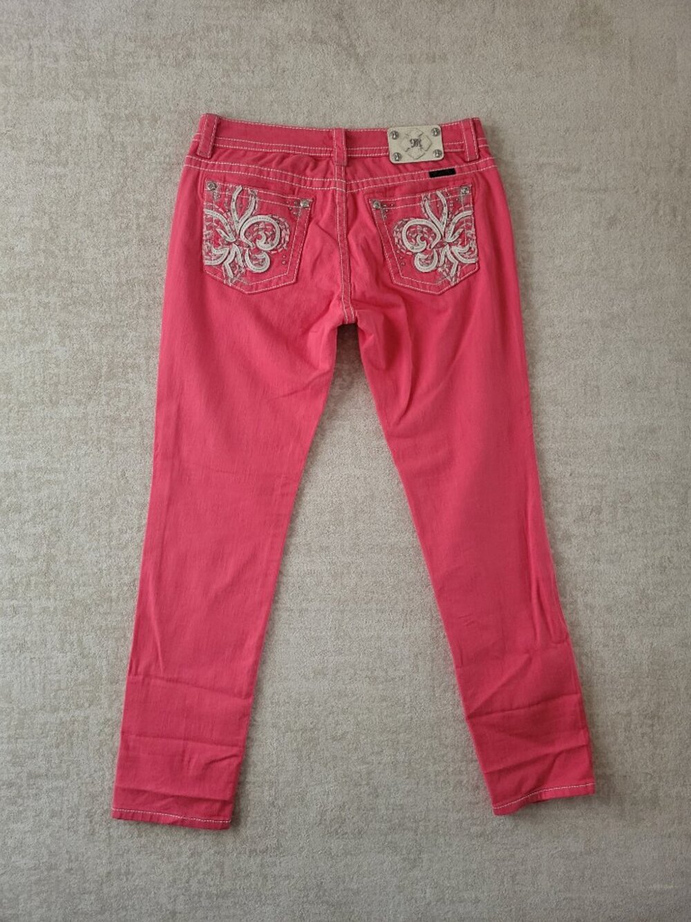 Miss Me Fleur De Lis Embellished Skinny Jeans 32 Womens Pink Coral Y2K NWT